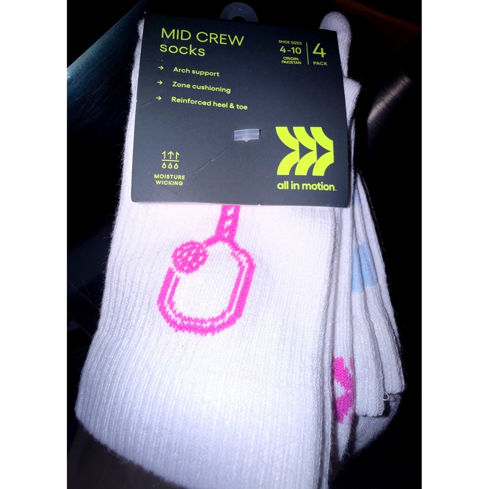 All In Motion Mid Crew Socks Women 4-10 NEW 4-Pack White Multi Athletic Cushion